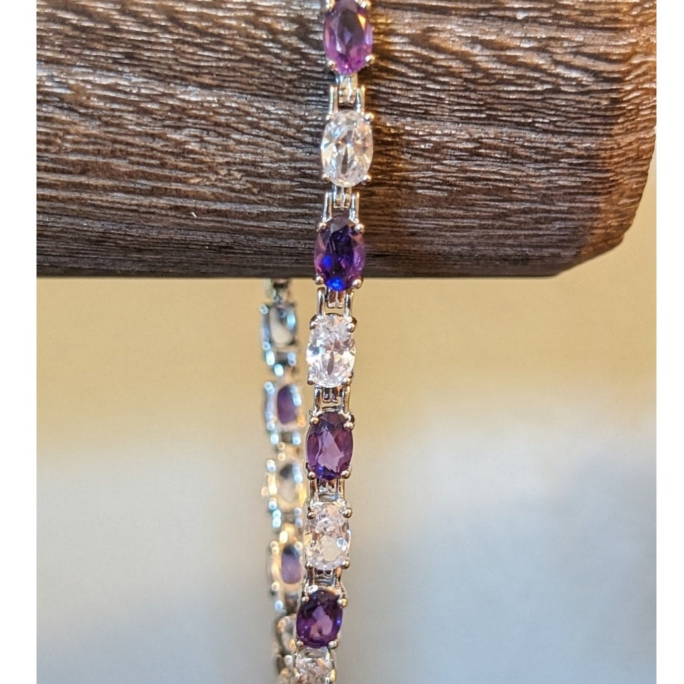 Signed VJ 925 Sterling Amethyst & CZ Tennis Bracelet W/ Lobster Claw Clasp