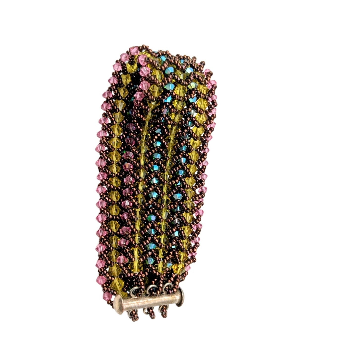 Hand Made Wide Woven Crystal Beaded Bracelet With Unique Slide In Barrel Clasp