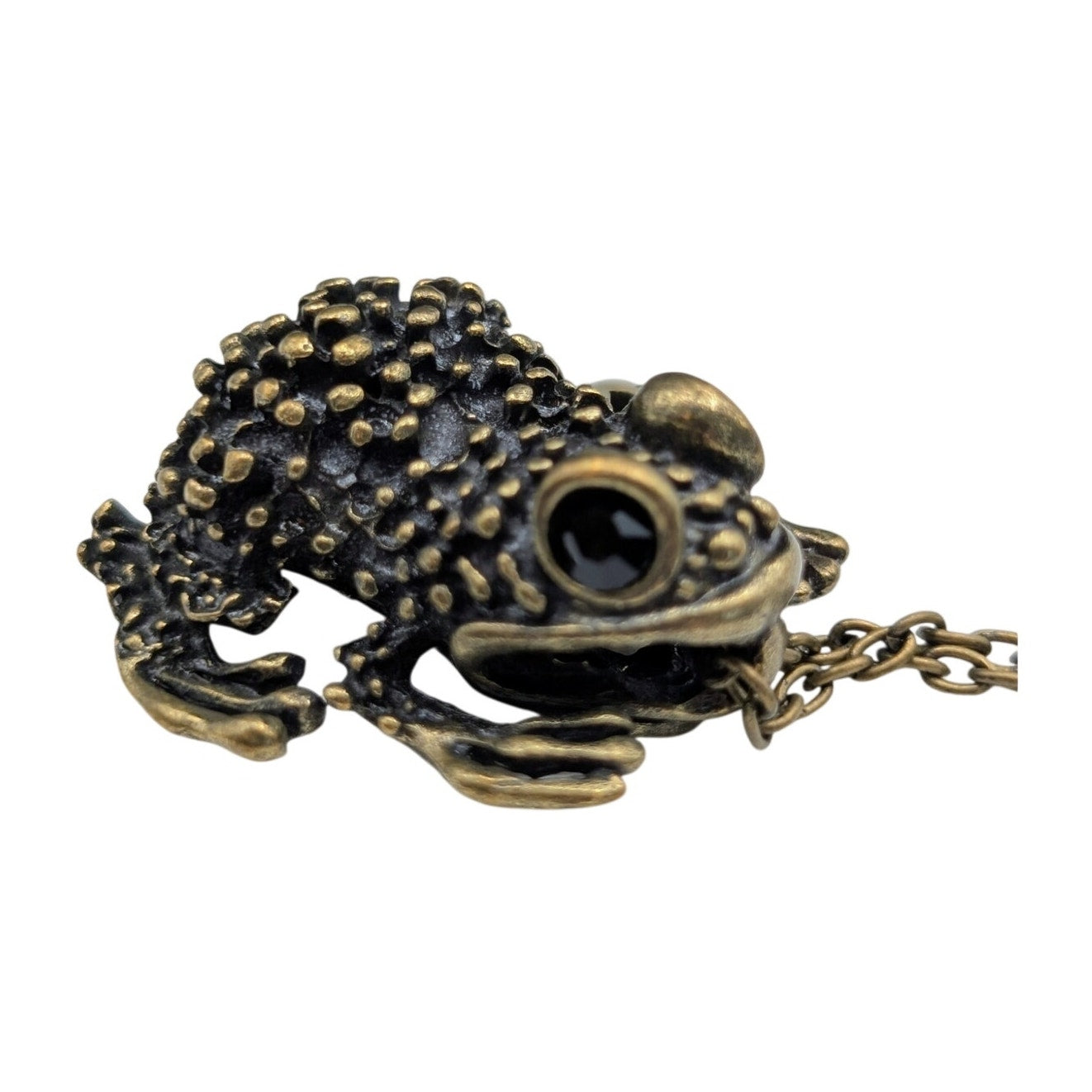 Antiqued Bronze Black Crystal Eye Metal Frog Pendant 30" Chain Necklace