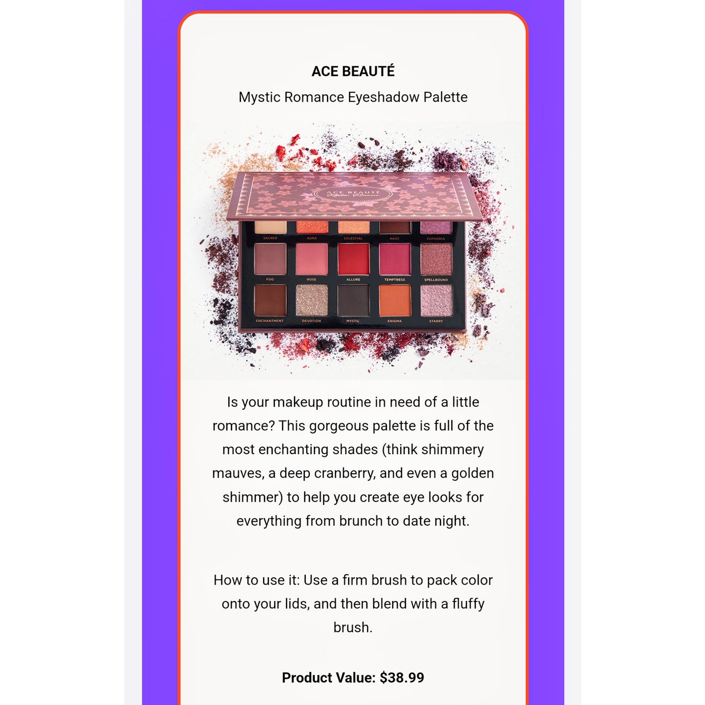 Ace Beaute Mystic Romance Eyeshadow Palette Bold Colors NWT