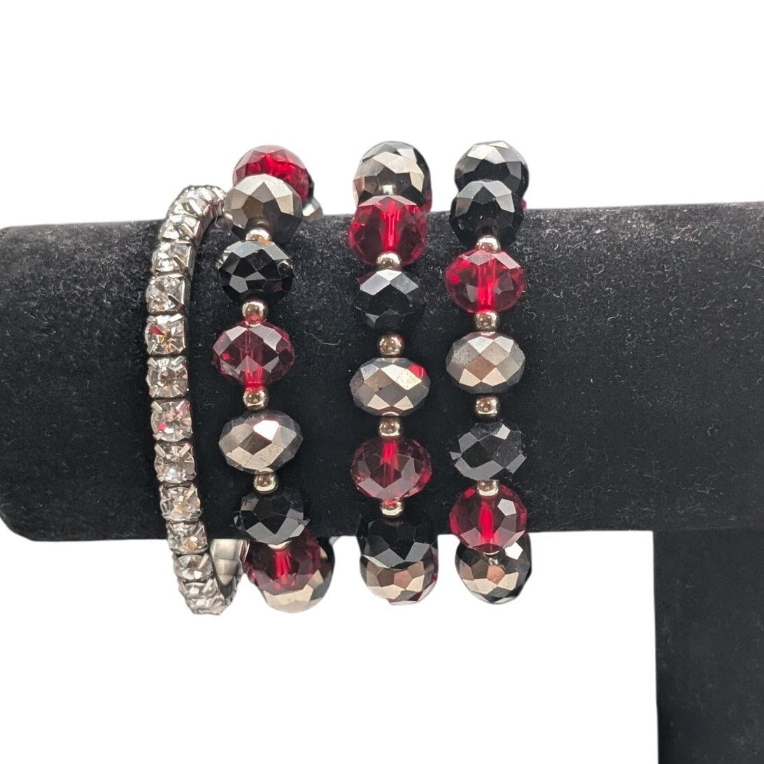 Lot of Six Red Black Metallic Rhinestone Beaded Stretch Bracelets