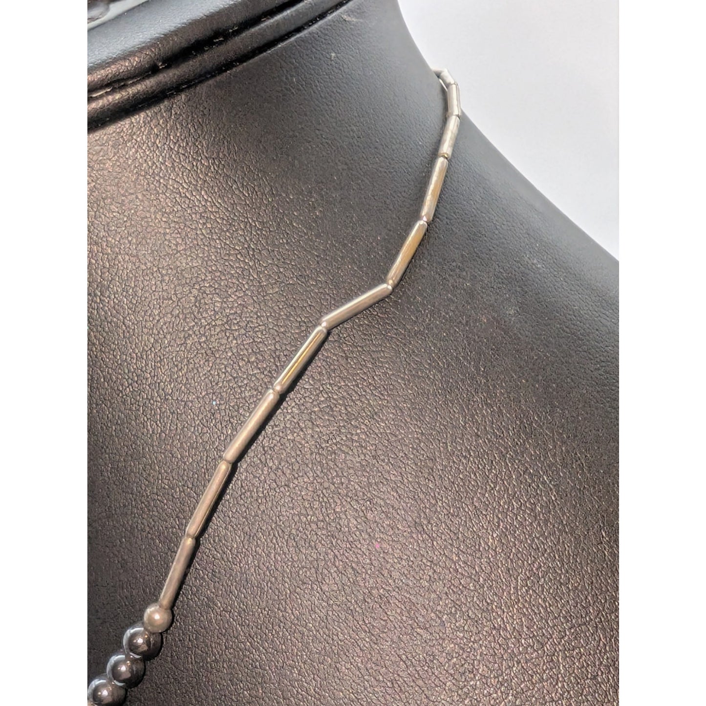 Vintage Liquid Silver Hematite Carved Bird Heart Beaded 17" Necklace