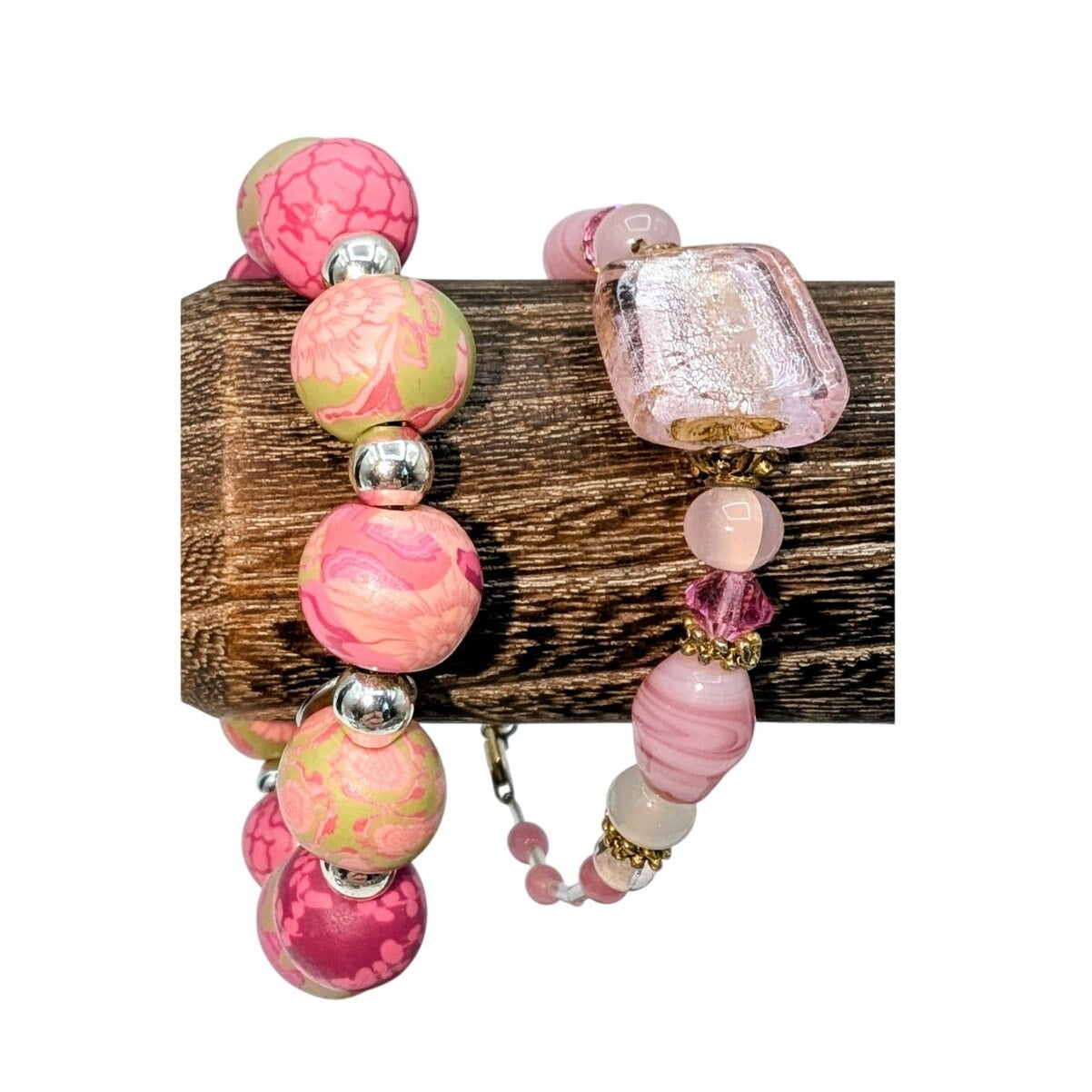 Lot of Two Pink Jilzara Clay Bead Stretch & Lamp Work Glass Bead Bracelets