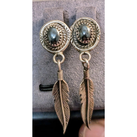 Vintage Signed 925 Sterling Silver Navajo Hematite Feather Dangle Post Earrings