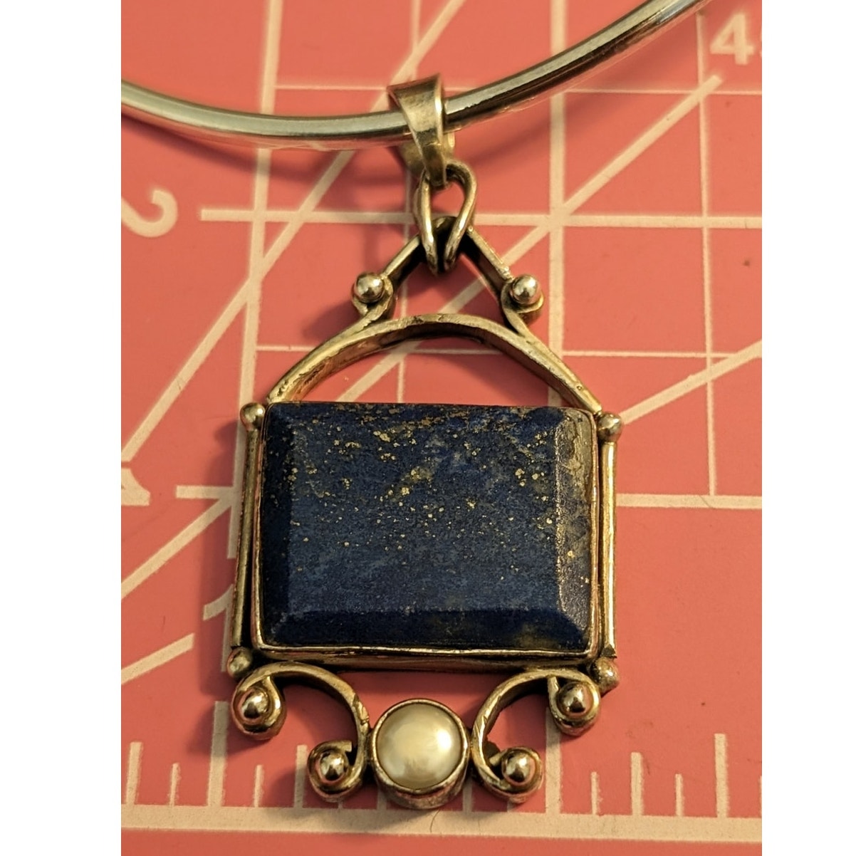 Chunky Lapis Lazuli Pearl Pendant on Mexican Sterling Silver Hook Clasp Collar