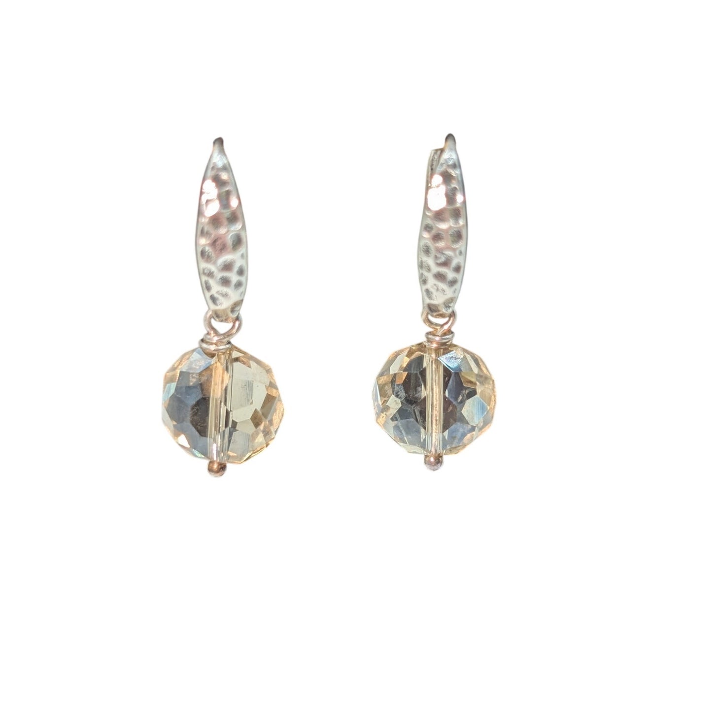 VTG Hammered 925 Sterling Silver Champagne Faceted Glass Bead Dangle Earrings