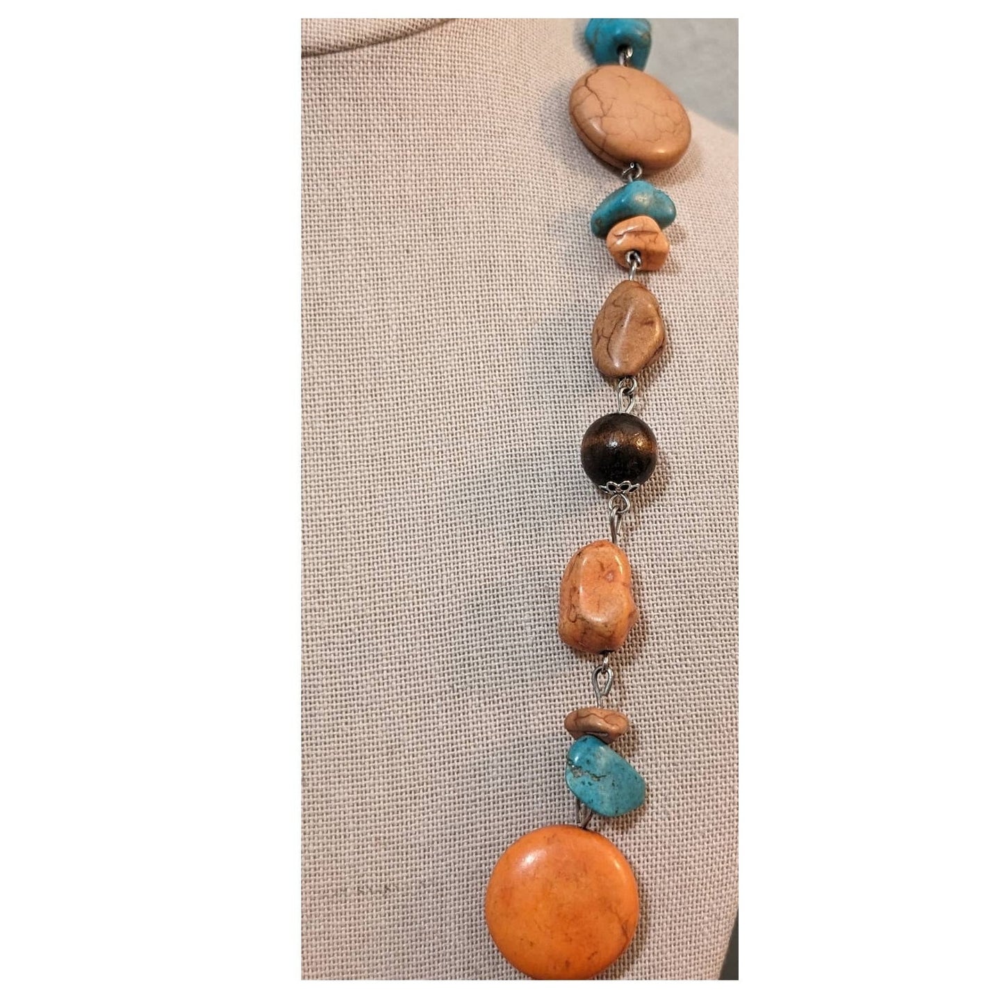 Howlite Stone in Orange, Blue and Beige w/ Brown Beads Necklace