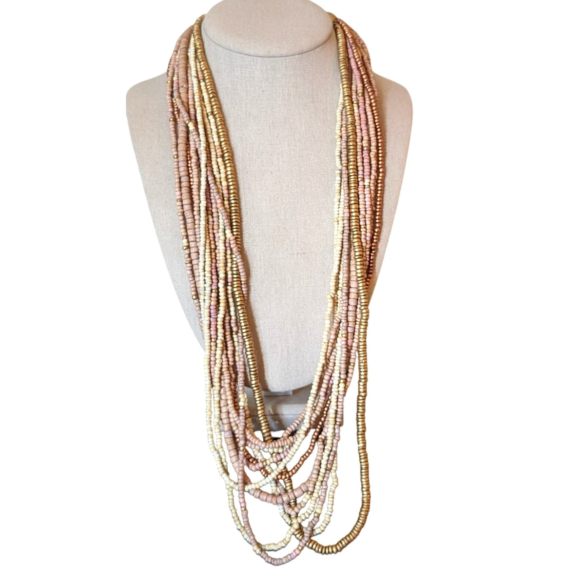 Vintage Twelve Strand Guilded Wood Bead Necklace W/ Hook Clasp