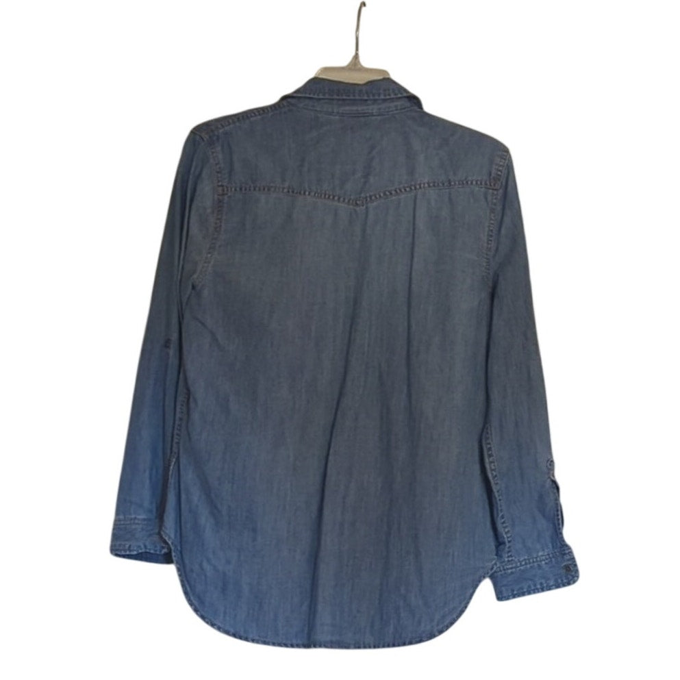 a.n.a Blue Chambray Button Up Women's Petite Size M with Button Roll Sleeves