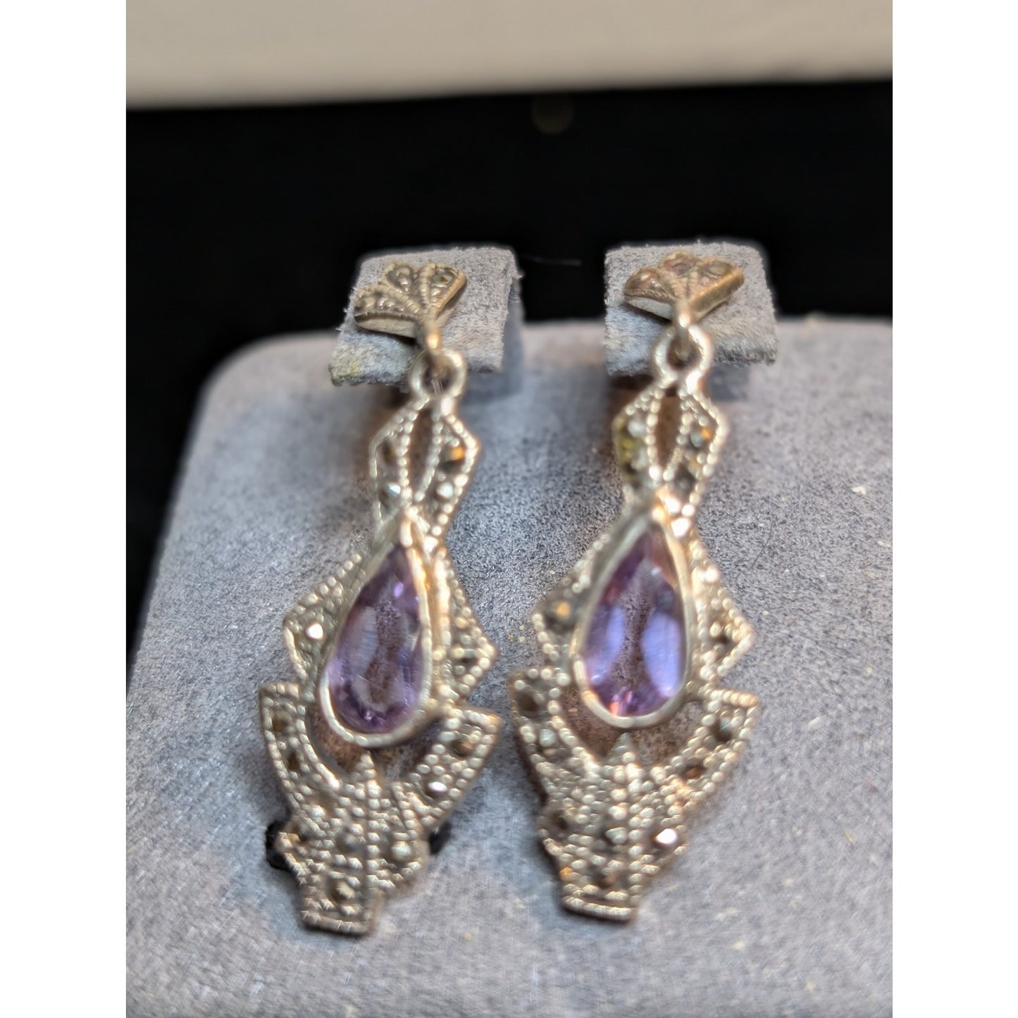 Vtg 80s Art Deco Sterling Silver Teardrop Amethyst Marcasite Post Drop Earrings