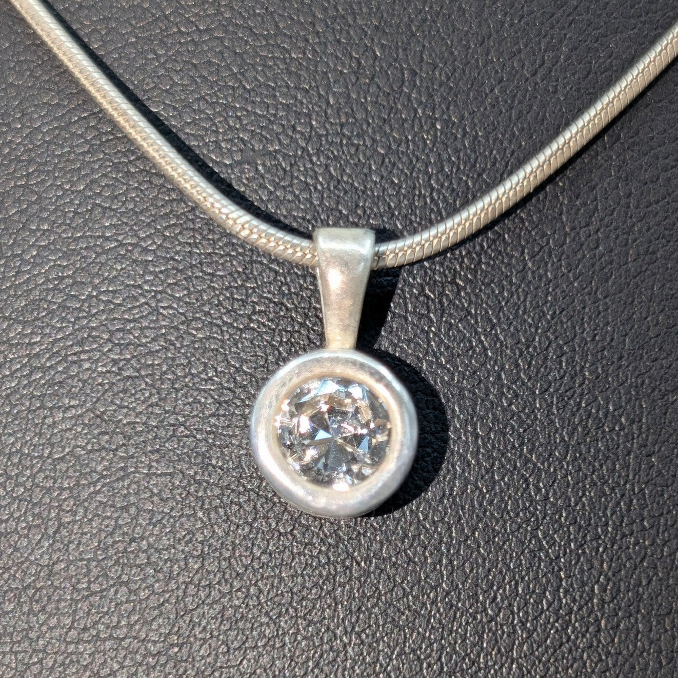 Vtg 925 Italy Sterling Silver Bezel Set CZ Solitaire Pendant Chain 16" Necklace