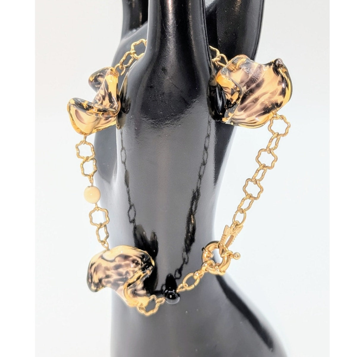 Antica Murrina Italian Ruffled Tiger Striped Glass Bead Gold Tone Chain Bracelet