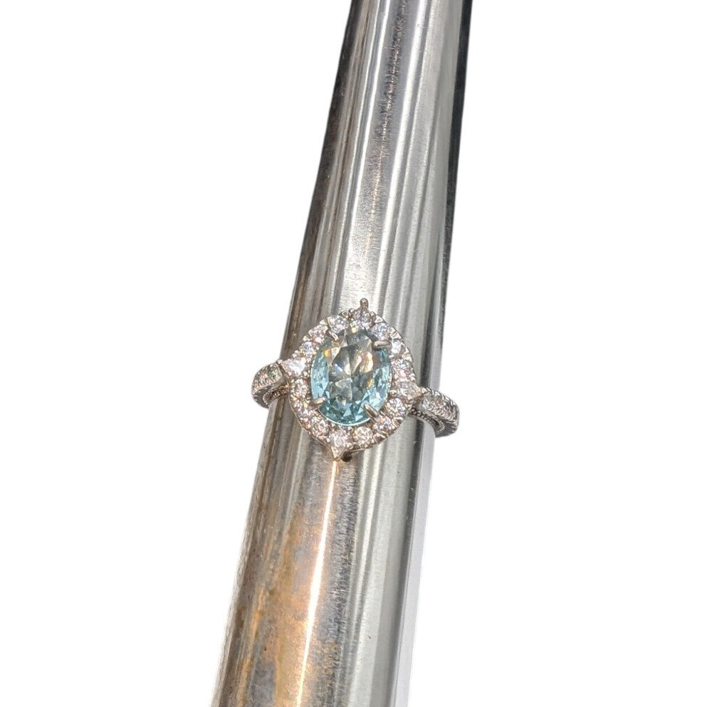 Home Party Light Blue Center Stone & Clear Halo CZ Silver Tone Ring Sz 9