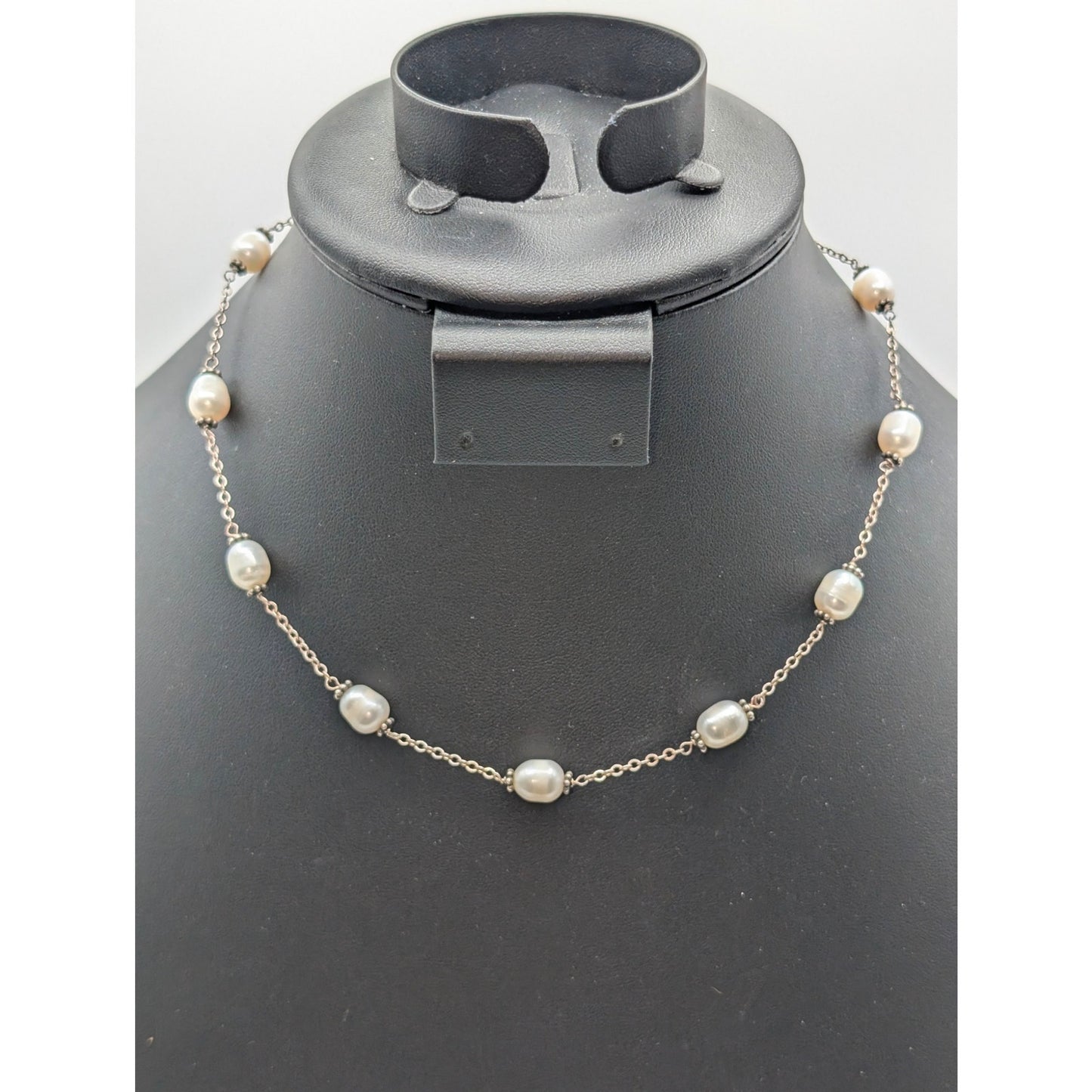 Vintage Genuine Freshwater Pearl Sterling Silver Chain Station 16" Necklace