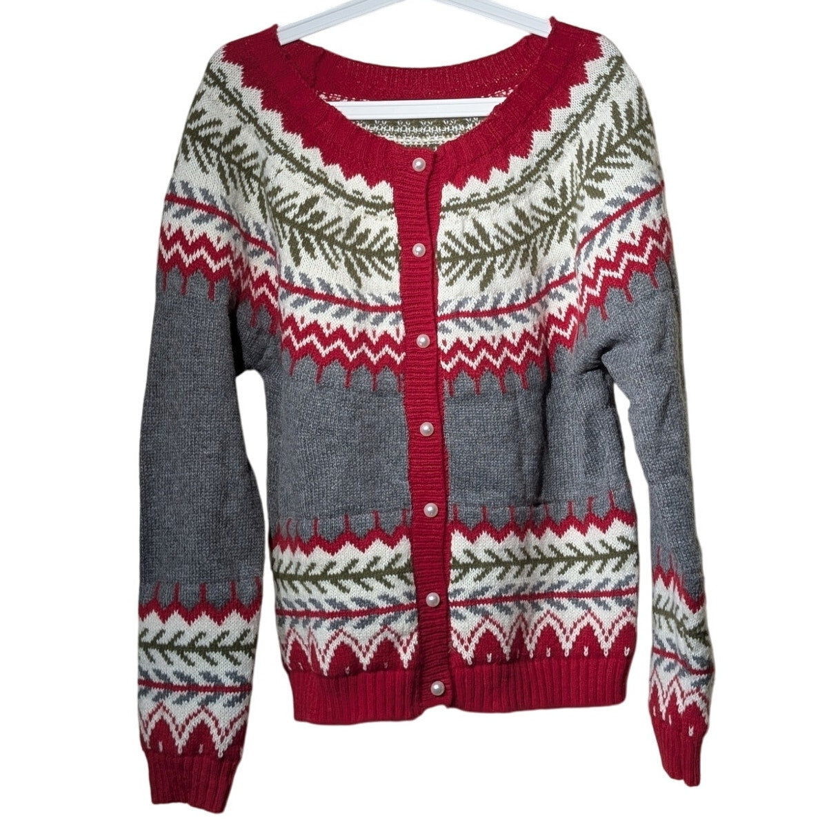 Islandic Fair Isle Gray Red Green Cream Faux Pearl Button Cardigan Womens Sz M
