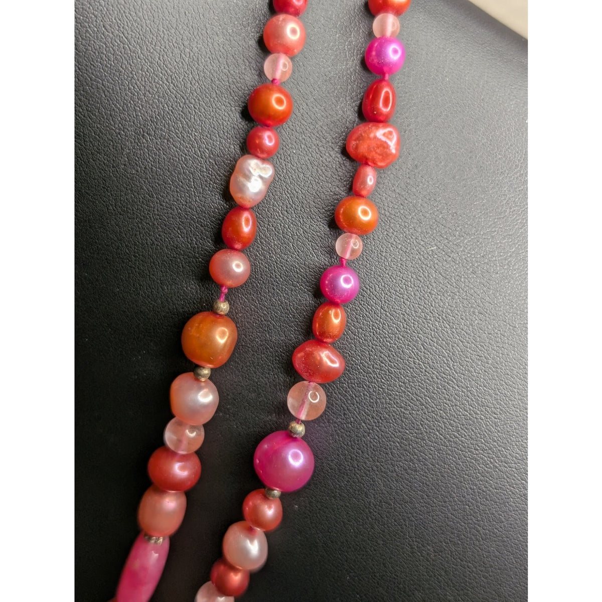 Double Strand Multi-Color Pearl Fuchsia Pink Rhodochrosite Pendant Necklace