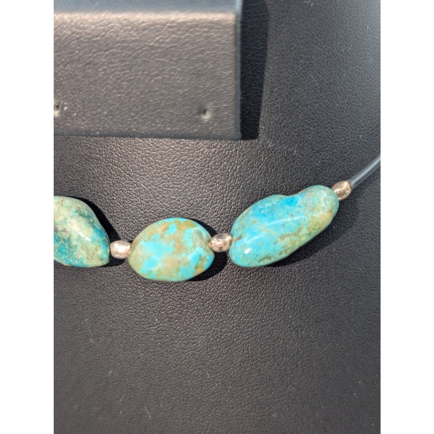 Vtg 70s Boho Blue Stone 925 Sterling Bead Black Cord Adjustable Choker Necklace