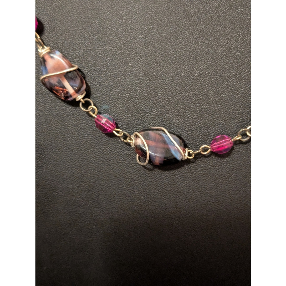 VTG Purple Wire Wrapped Glass Bead & Pink AB Crystal Bead Silver Tone Necklace