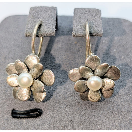 Retired Silpada 925 Sterling Love Bloom Flower Drop Pearl Earrings Israel Made