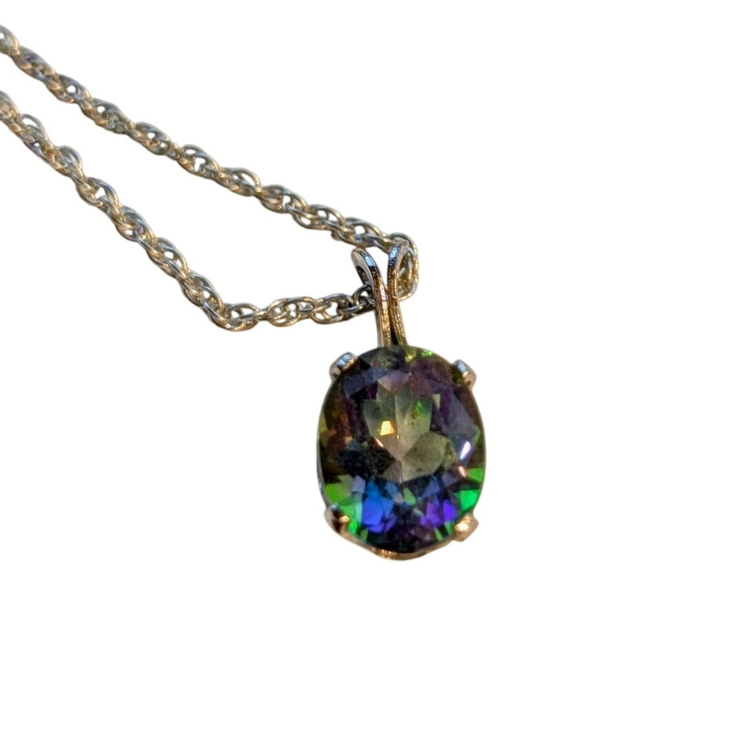925 Sterling Silver Tested Mystic Topaz Solitaire Pendant 18" Necklace