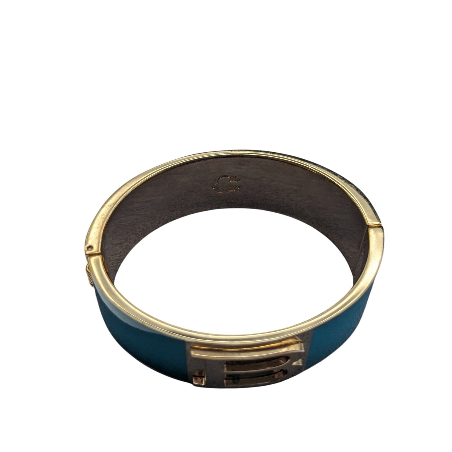 Vtg Signed Aqua Gold Tone 'B' Letter Initial Hinged Clamper Oval Bangle Bracelet