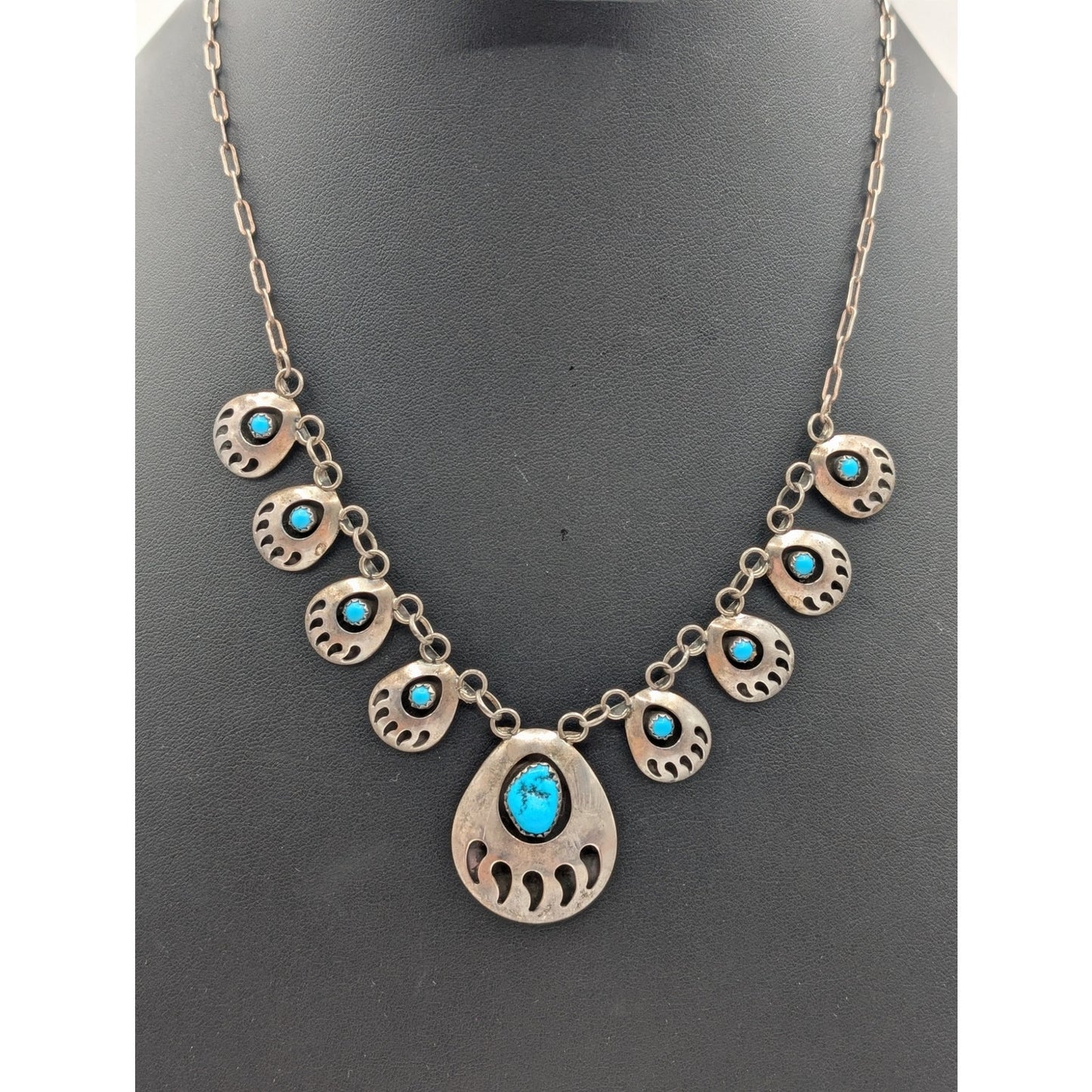 Vintage Navajo Signed SJ Sterling Silver Turquoise Bear Claw Chain 19" Necklace