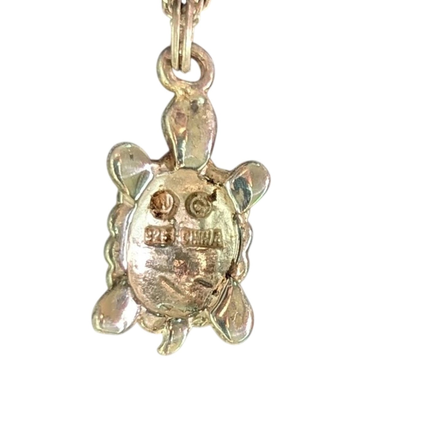925 Italy Sterling Silver Green Enamel Marcasite Turtle Pendant Necklace