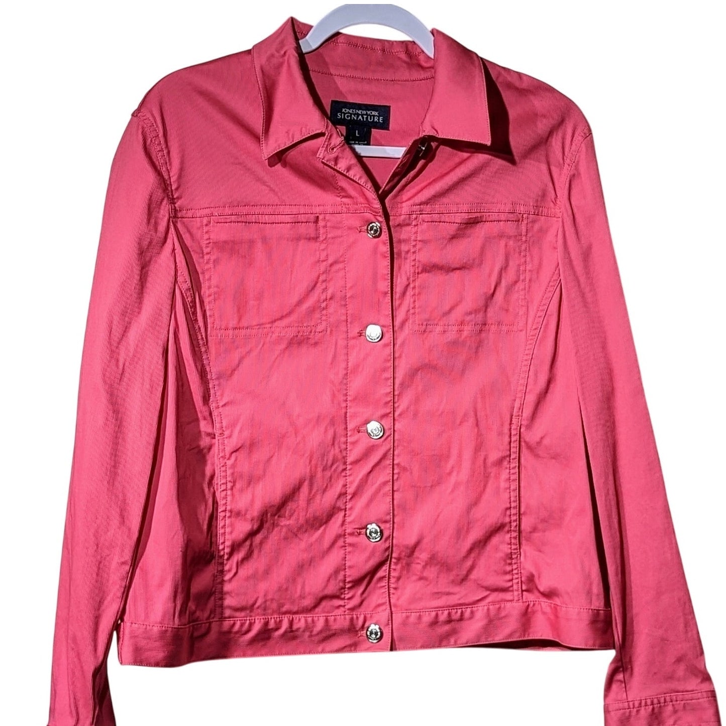 Jones New York Signature Pink/Salmon Cotton Stretch Button Up Jacket Womens Sz L