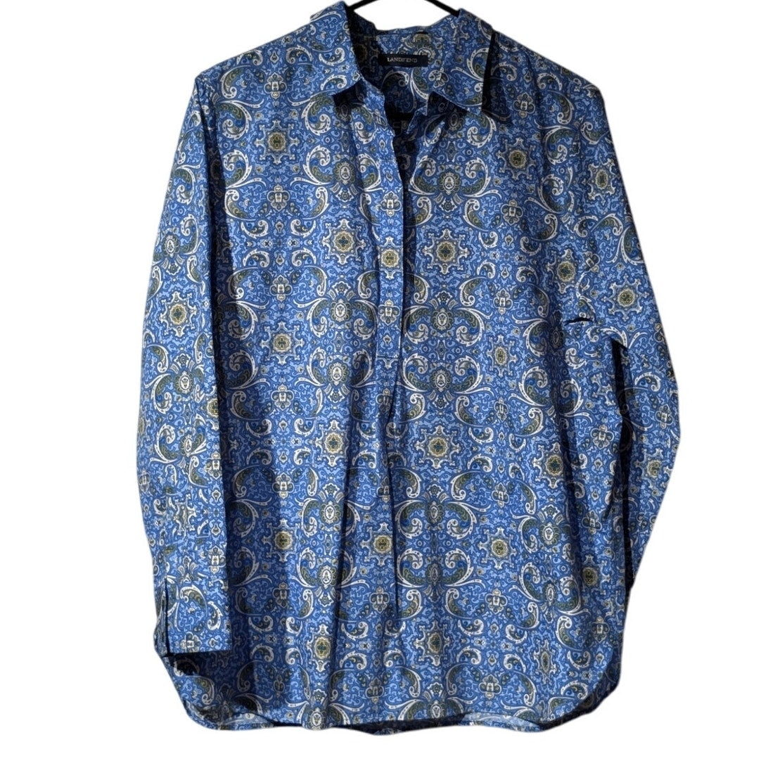 Lands' End Blue Yellow Paisley Half Button Popover No Iron Supima Womens Tunic