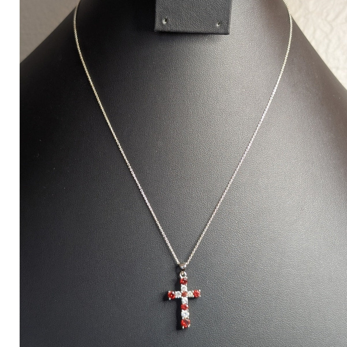 925 Sterling Silver Red & Clear Crystal Cross Pendant 18" Necklace
