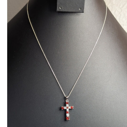 925 Sterling Silver Red & Clear Crystal Cross Pendant 18" Necklace