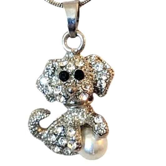 Rhinestone Dog Playing with a Pearl Ball Necklace