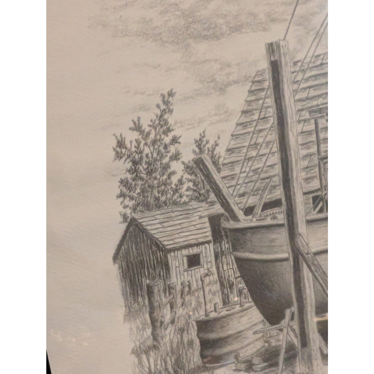 Original Artist Signed Bruce Reynolds Black Wood Framed Pencil Drawing 'Drydock'