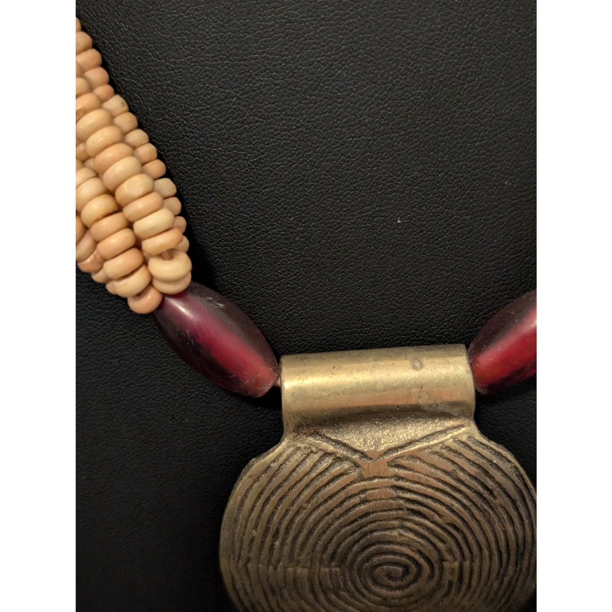 Vintage Tribal Medallion Pendant Multi-Strand Beaded Necklace W/ Button Clasp