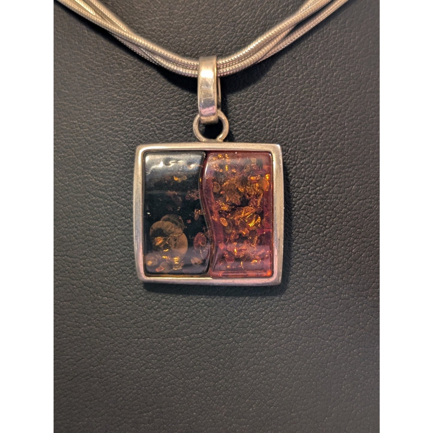 925 Italy Sterling Triple Snake Chain Two Color Amber Modernist Pendant Necklace