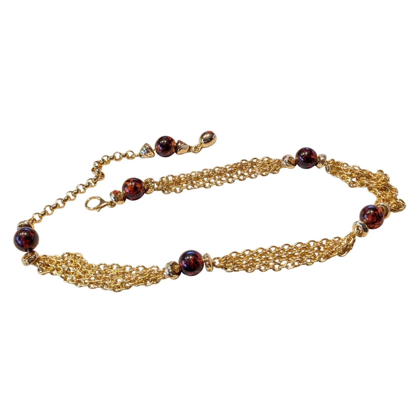Multi-Strand Goldtone Chain Link Rootbeer Acrylic Ball Bead Chain Belt 30"-35.5"
