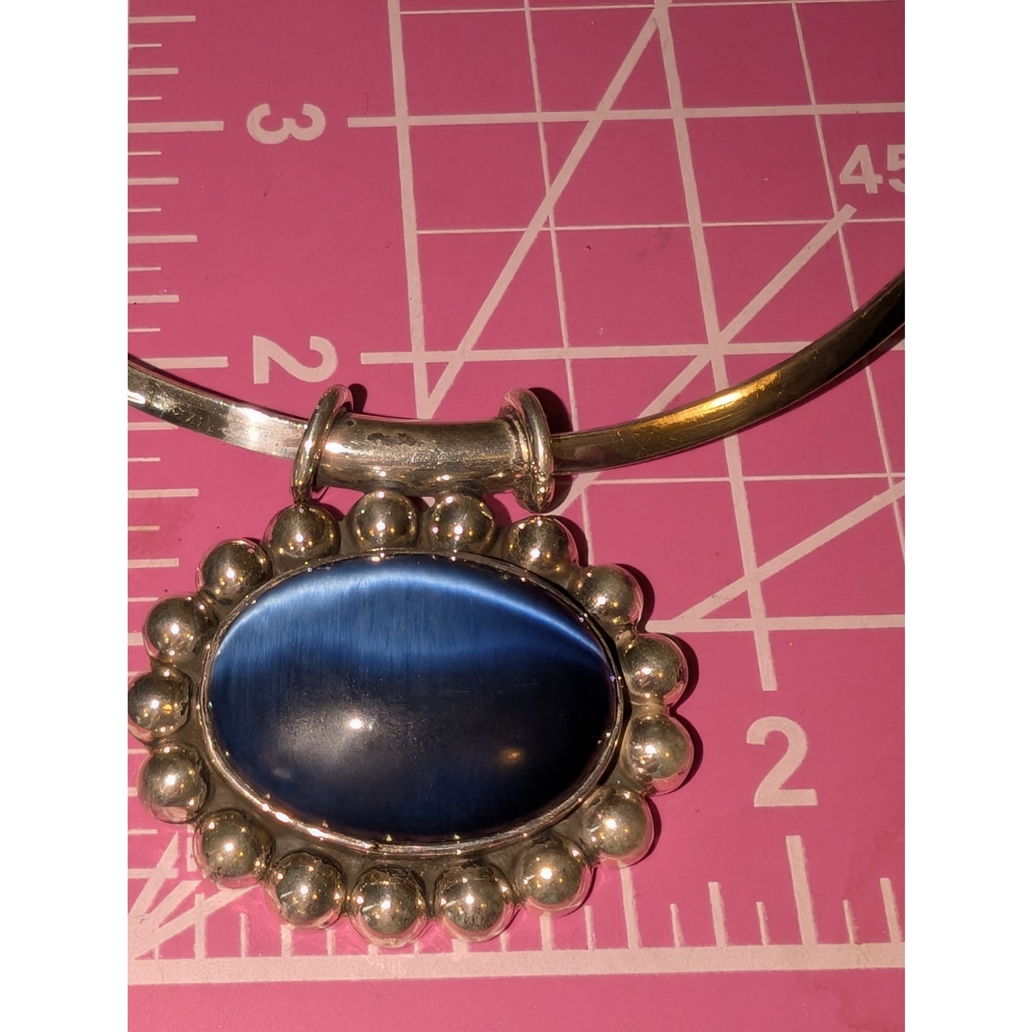 Vintage Taxco Large Blue Cat's Eye 950 Silver Pendant on Sterling Taxco Torque