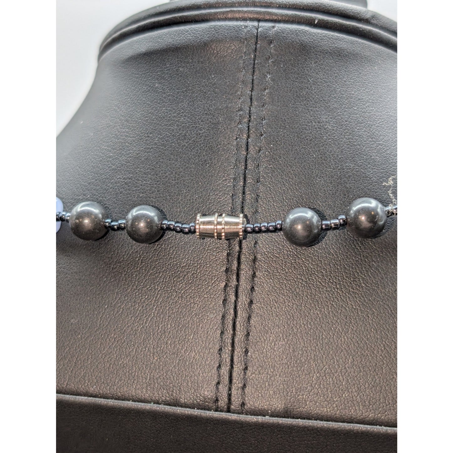 Vintage Gray Glass & Light Blue Heart Bead 18" Barrel Clasp Necklace
