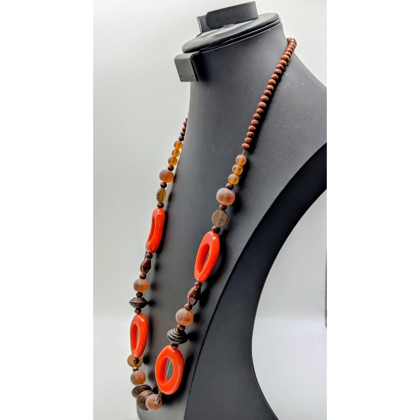 Vintage 70s Wood Orange Resin Bead 32" Over the Head Necklace