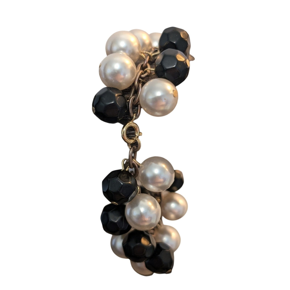 Vintage Black Faceted Acrylic & Faux Pearl Bead Cha-Cha Goldtone Bracelet