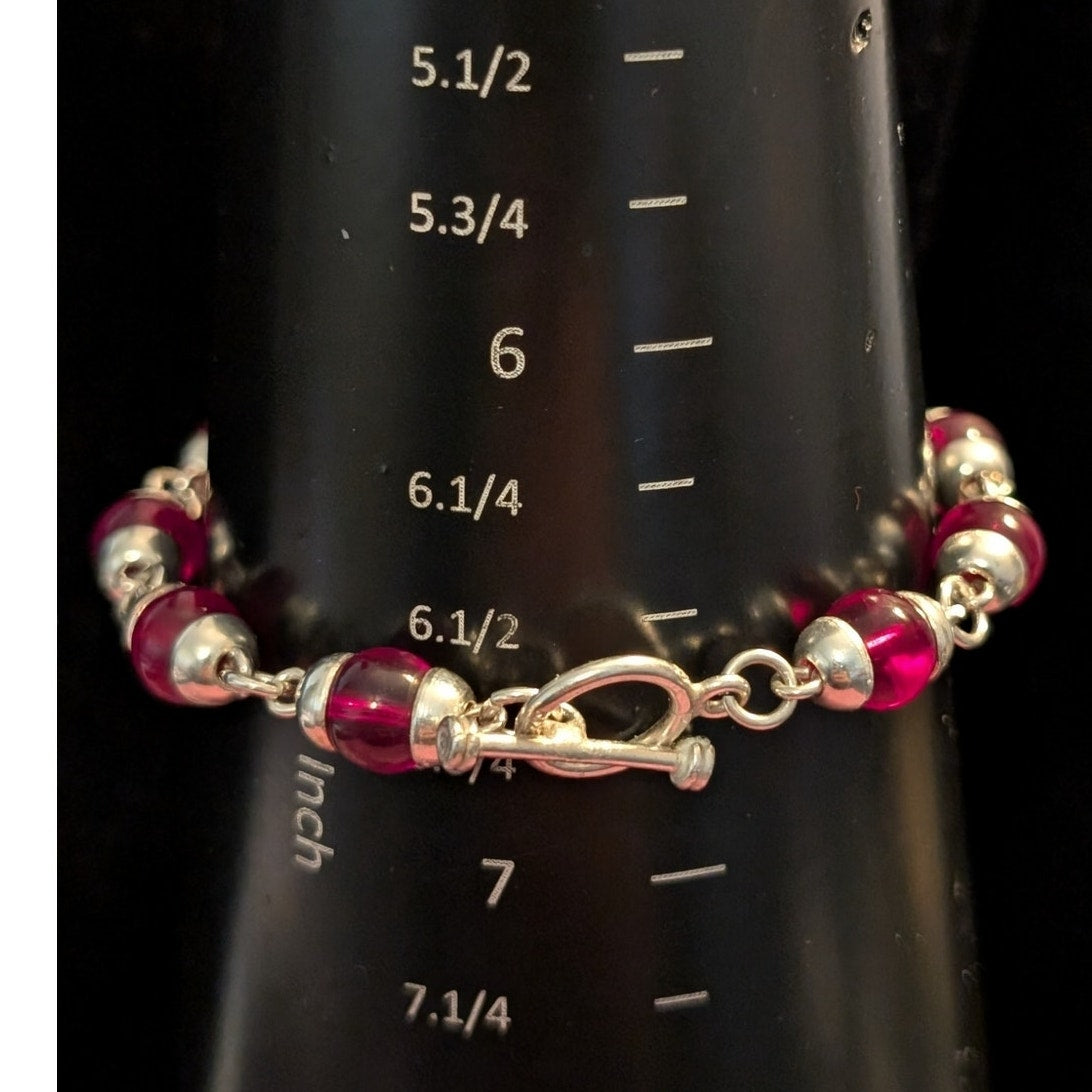 Bright Red Czech Glass Sterling Silver 925 Toggle Clasp 7.75" Bracelet