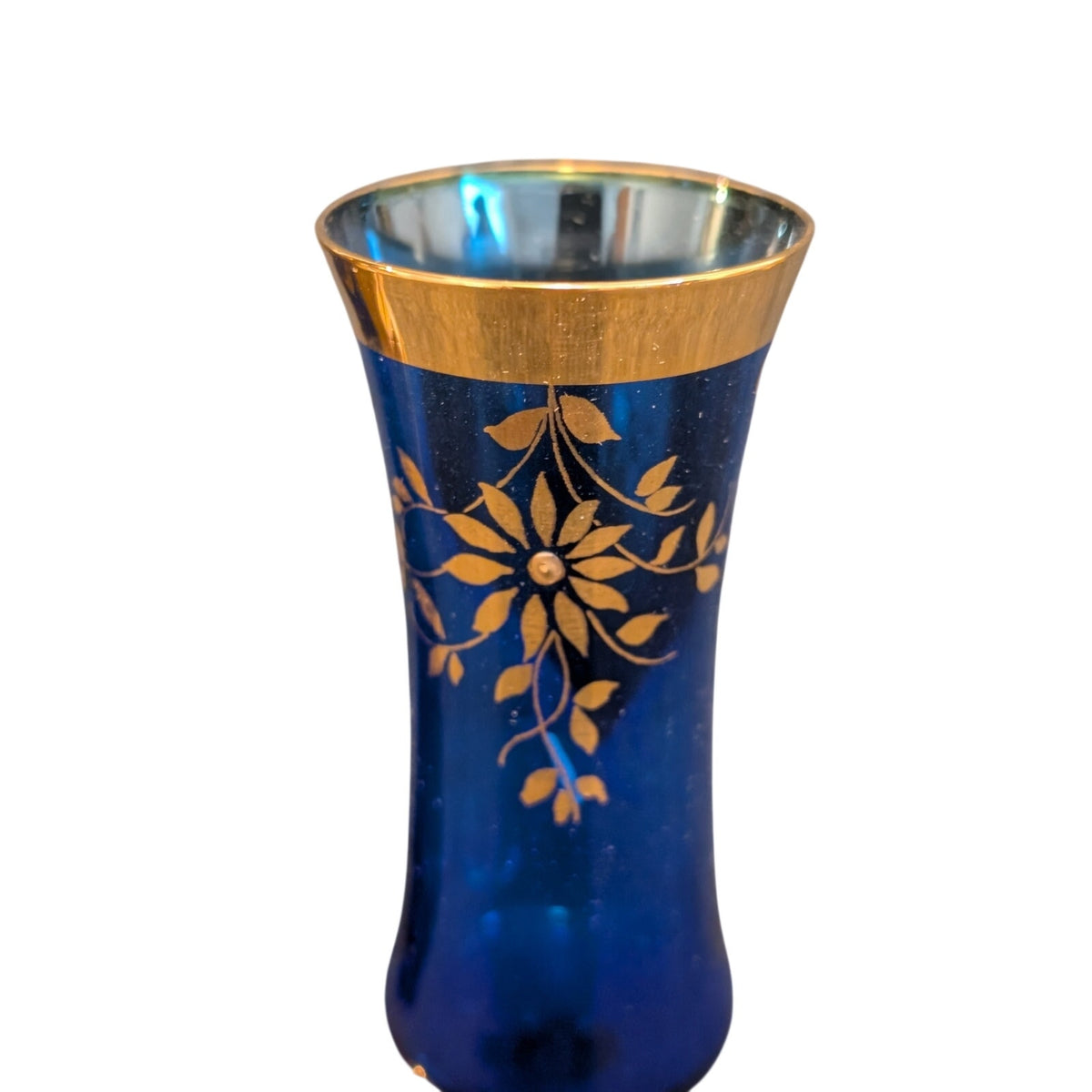 Vtg 50s 2 Cobalt Stem Sherry Glasses Tre Fuochi Murano Italy Venetian Heavy Gilt