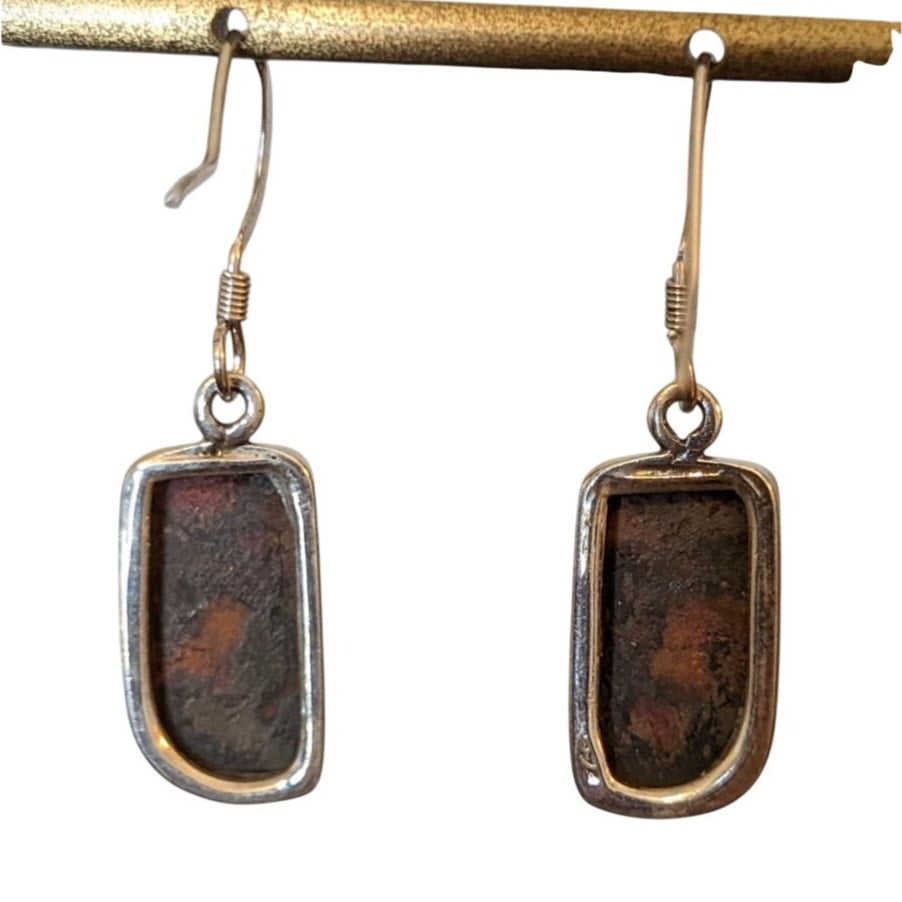 Vtg Marked 925 Sterling Orange Copper Turquoise Bezel Set Stone Dangle Earrings