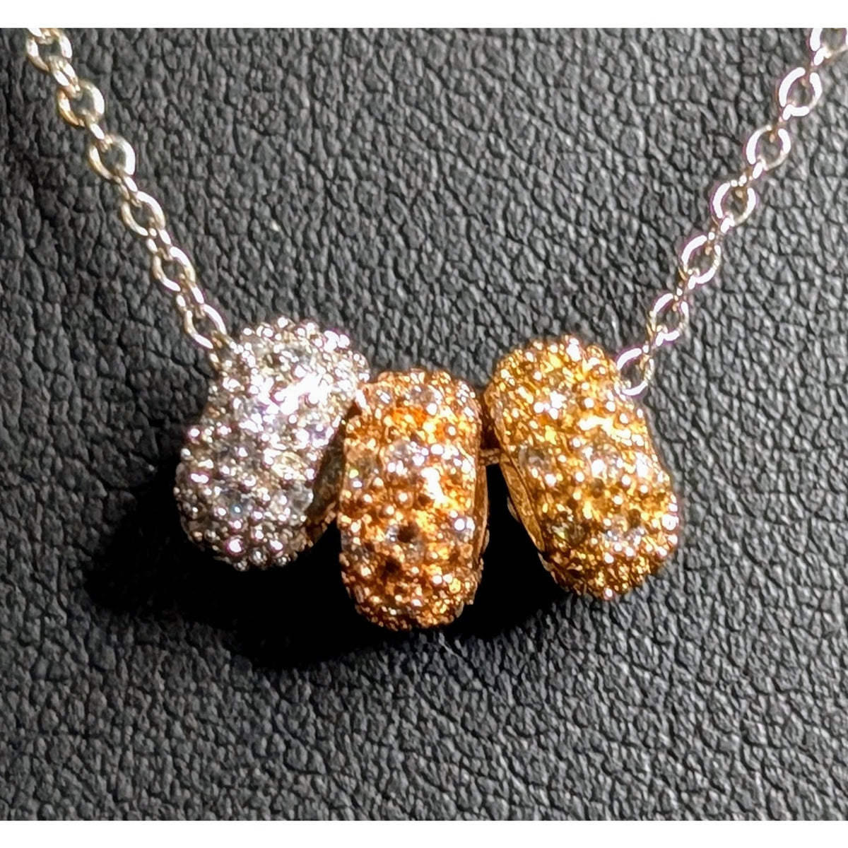 Sterling Silver CZ Tricolor Triple Pave Rondelle Bead 16"-18" Necklace