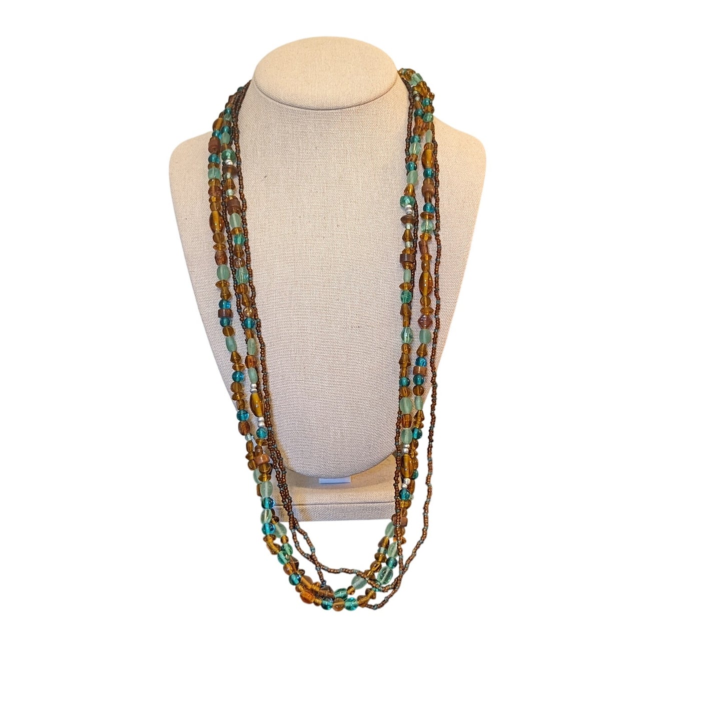 Multi-Strand Brown, Aqua Beaded 30-33" Necklace