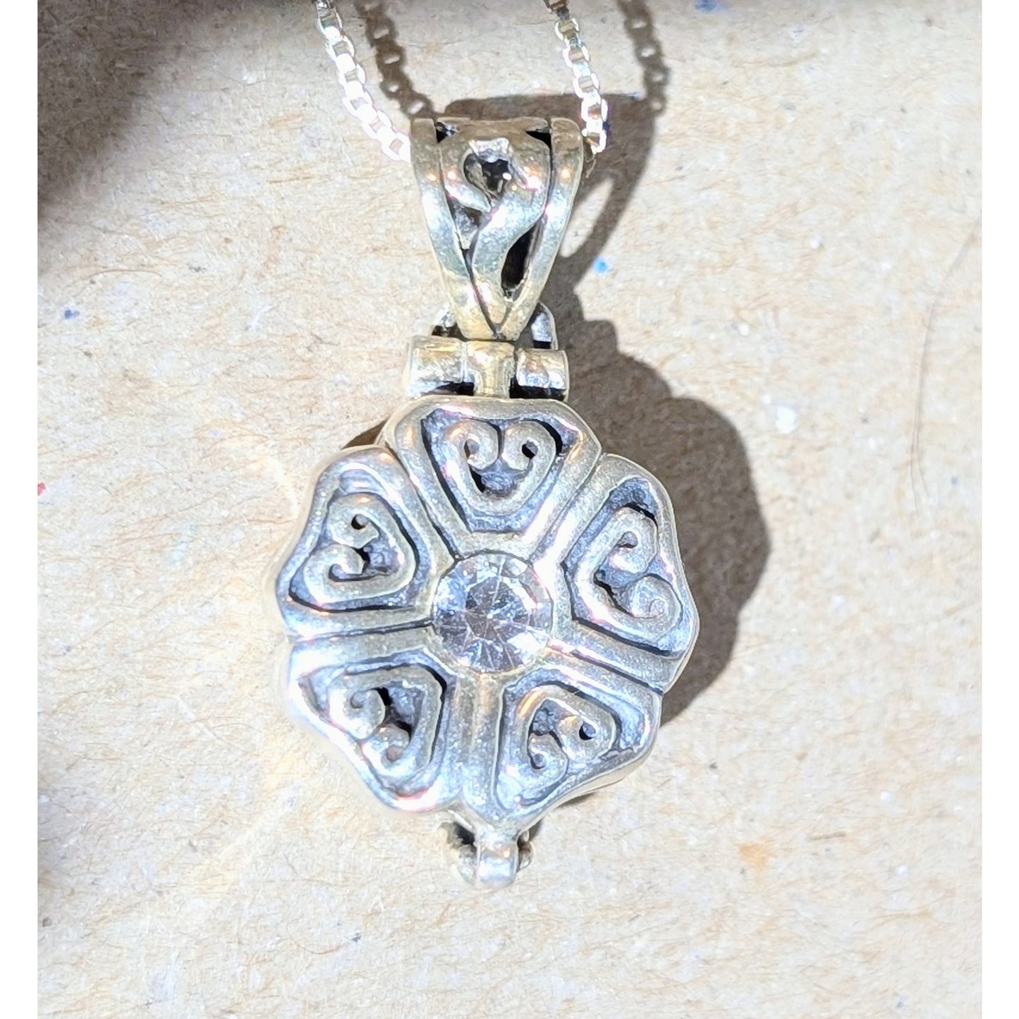 925 Sterling Silver CZ Vintage Locket Charm Pendant Box 17.75" Chain Necklace