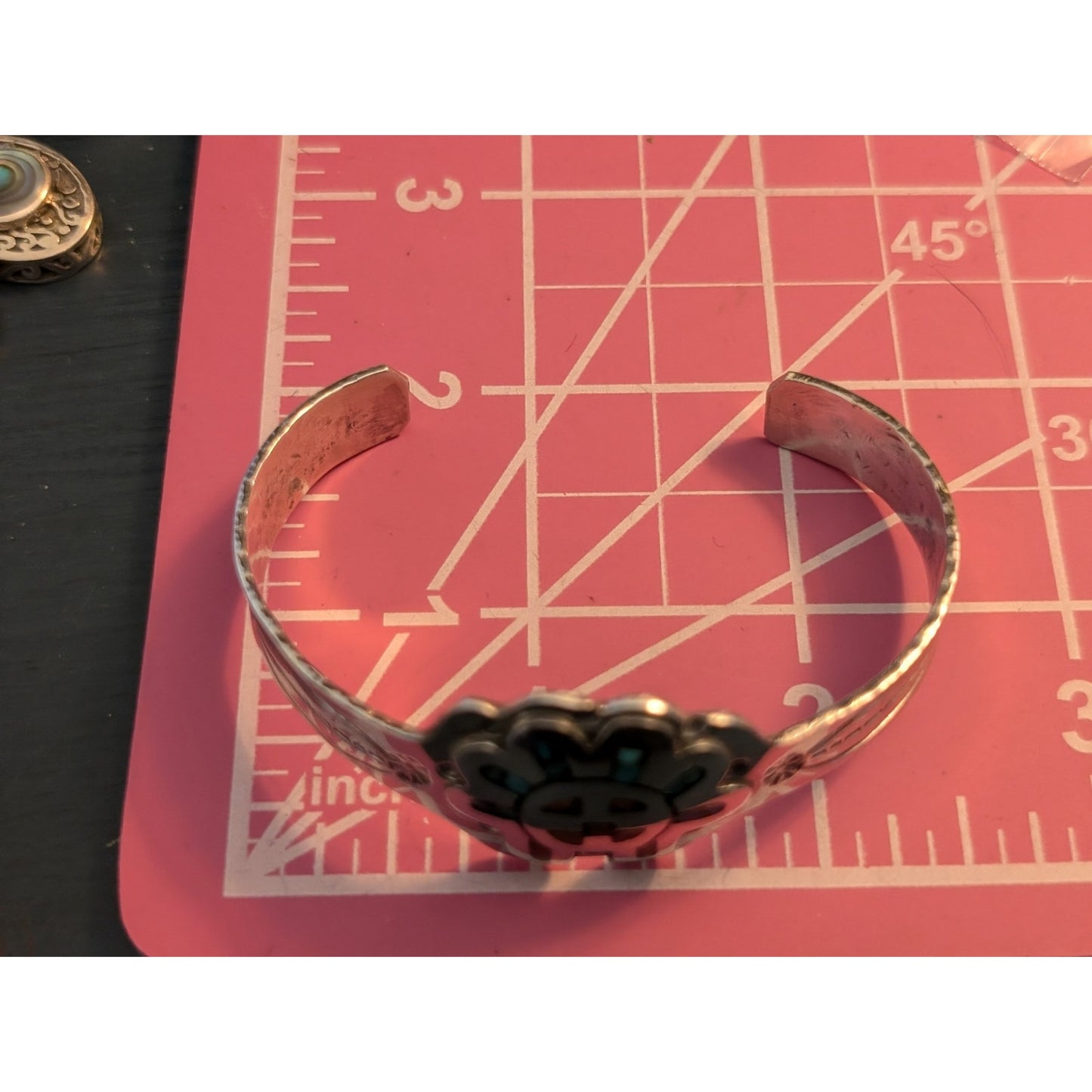 Rare Native American Vtg Sterling Silver Coral Turquoise Sun Cuff Bracelet