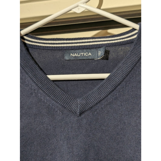 Nautica Navy V-Neck Cotton Viscose Long Sleeve Sweater Mens Size L