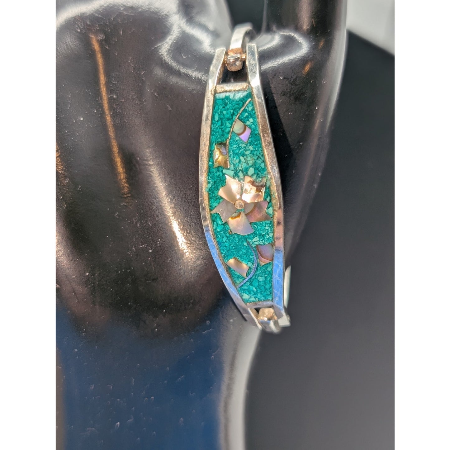 Vintage Turquoise Abalone Inlay Sterling Silver Cuff Bracelet Signed Taxco 925