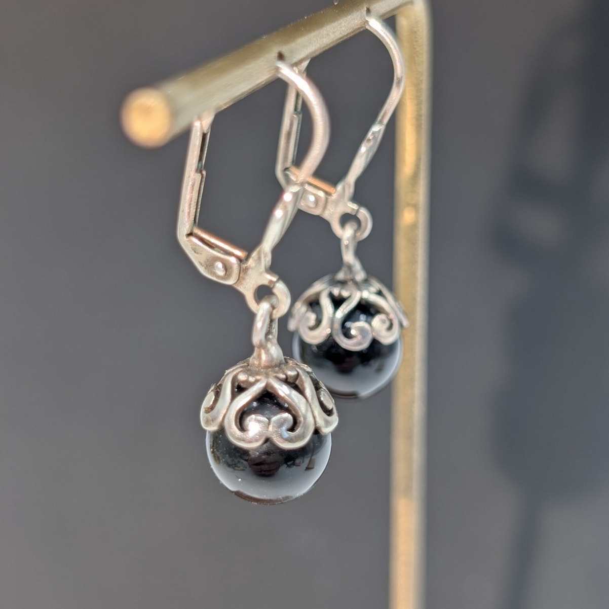 Silver Tone Black Stone or Glass Bead Filigree Lever Back Dangle Earrings